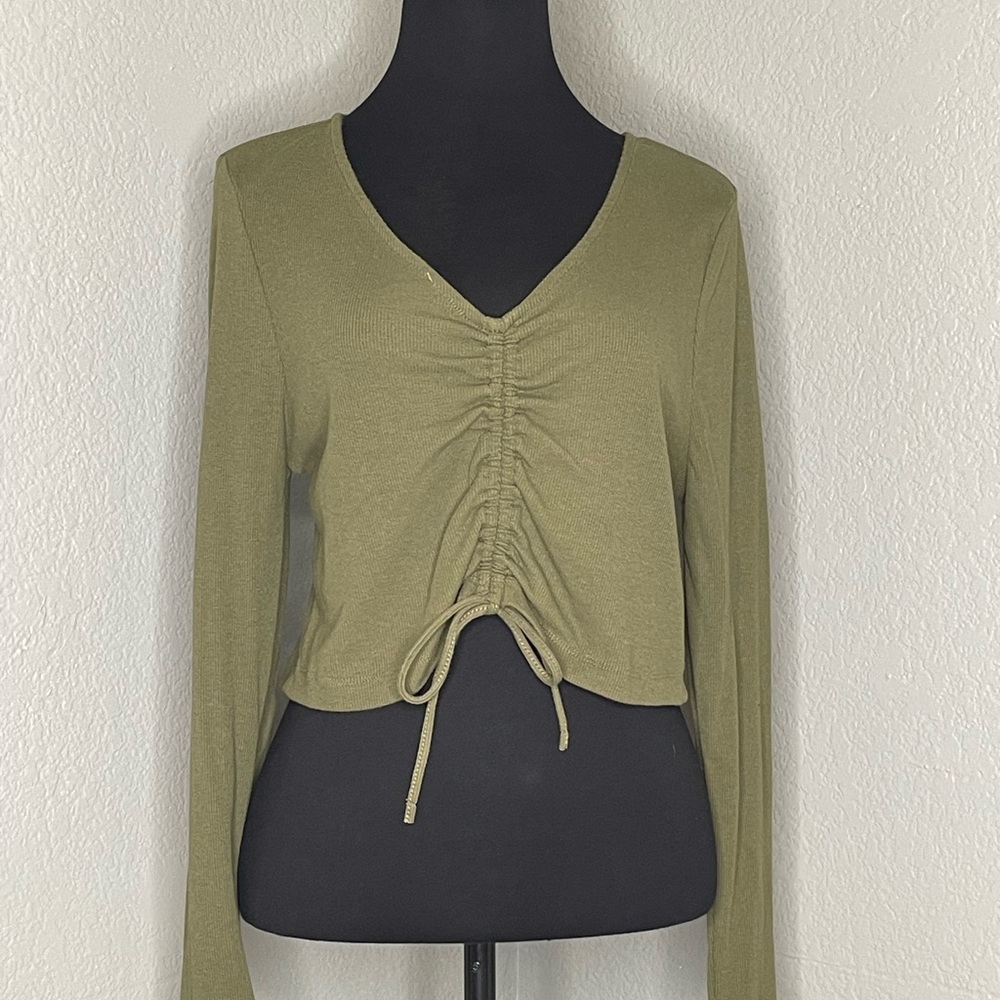 Green V-Neck Ruched Crop Top